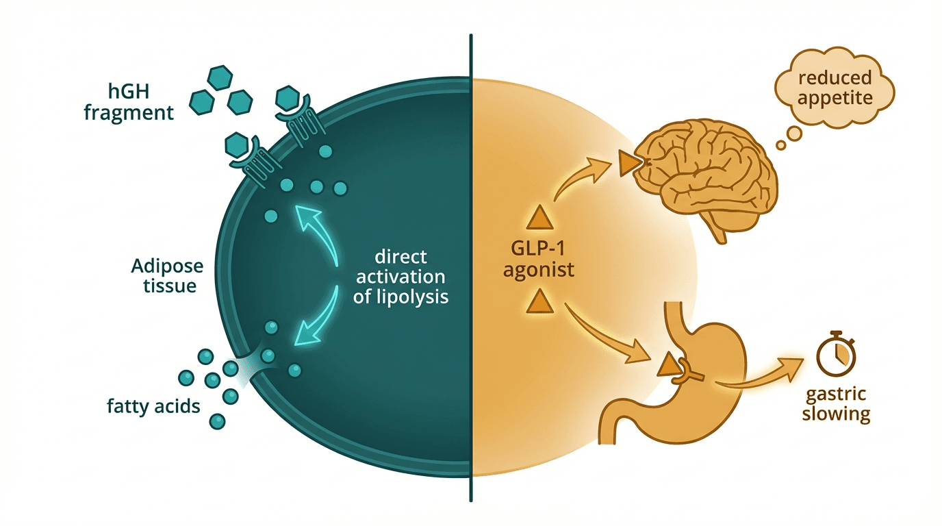 Side-by-side comparison diagram of AOD-9604 and Semaglutide mechanisms of action
