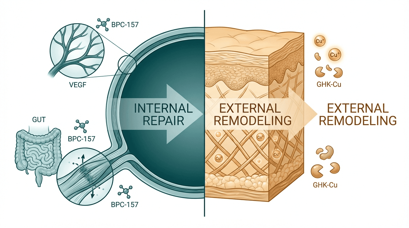 Side-by-side comparison diagram of BPC-157 and GHK-Cu mechanisms of action