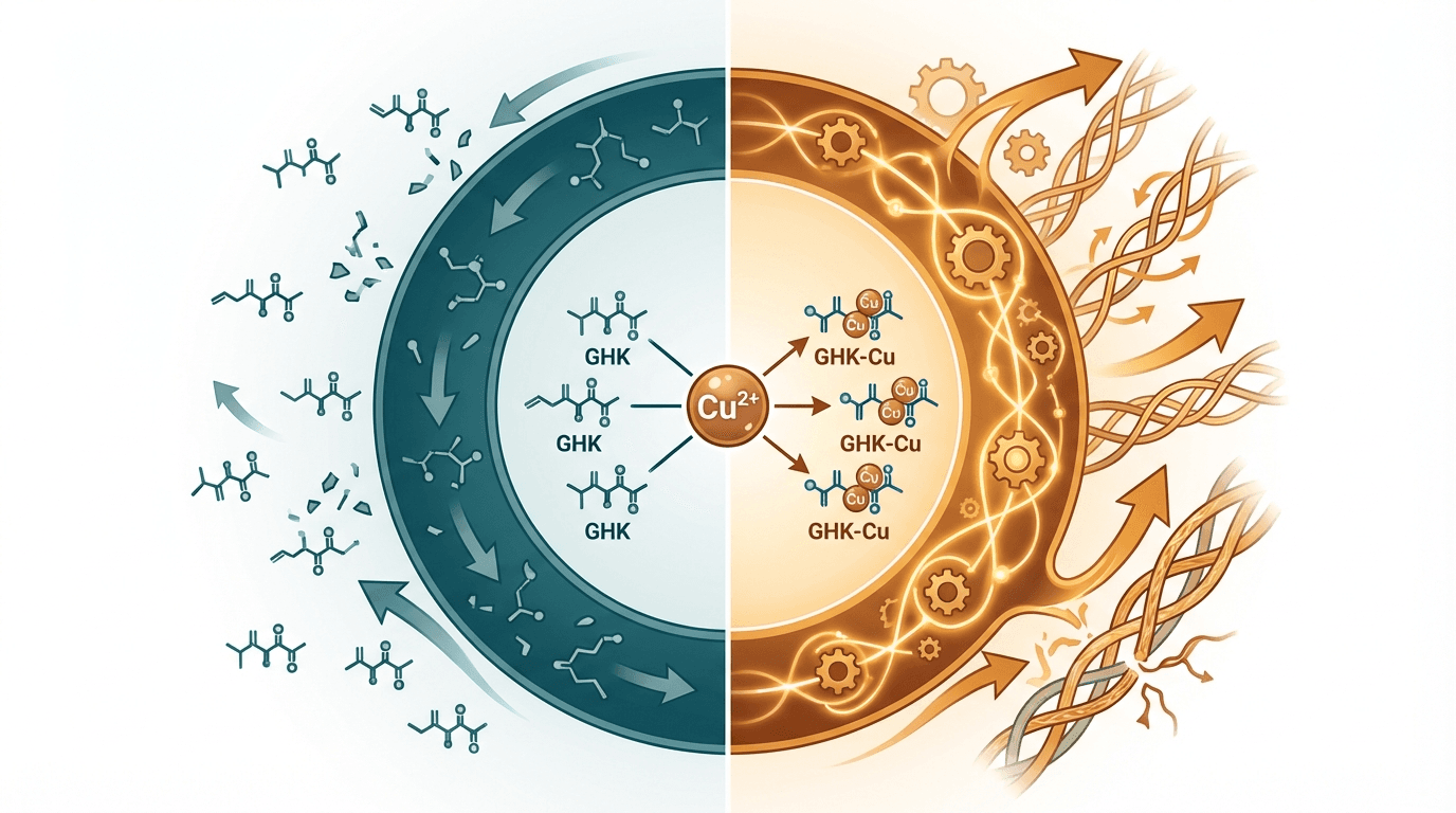 Side-by-side comparison diagram of GHK and GHK-Cu mechanisms of action