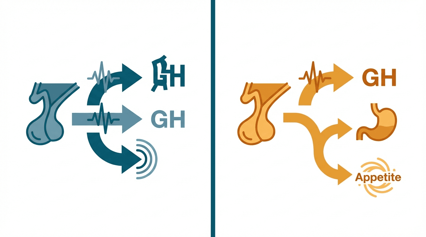 Side-by-side comparison diagram of GHRP-2 and GHRP-6 mechanisms of action