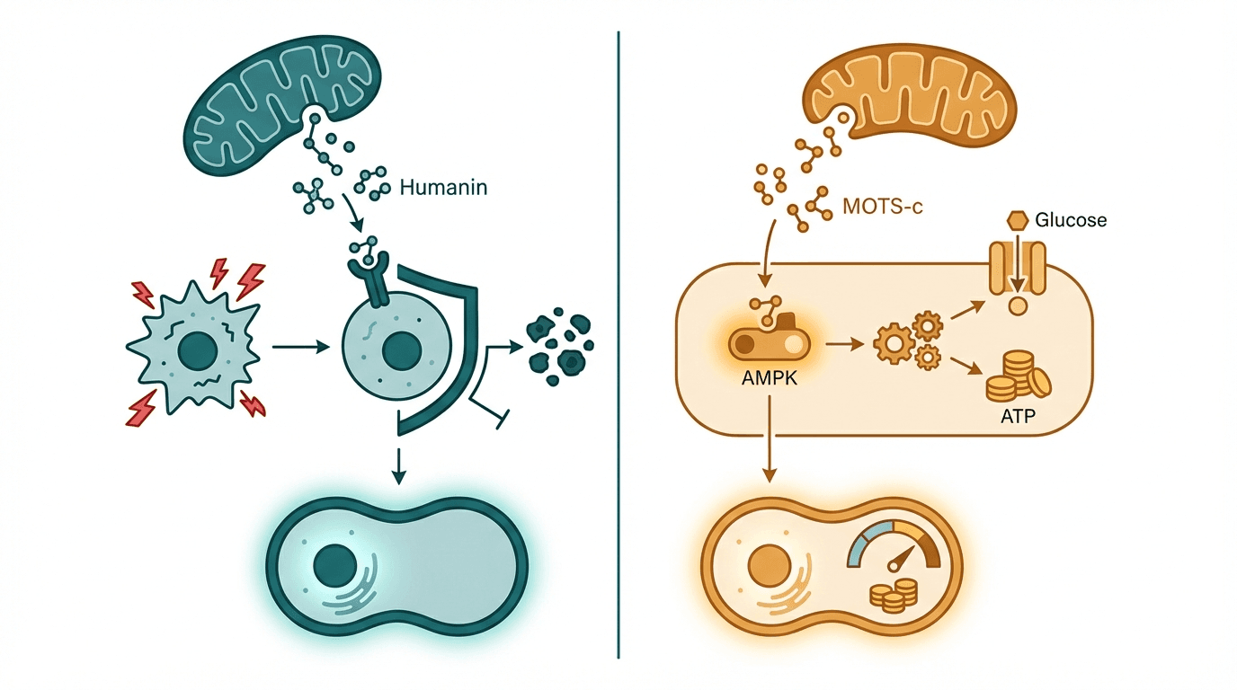 Side-by-side comparison diagram of Humanin and MOTS-c mechanisms of action