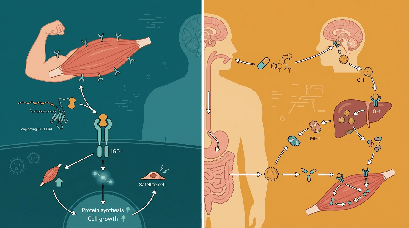 Side-by-side comparison diagram of IGF-1 LR3 and MK-677 mechanisms of action