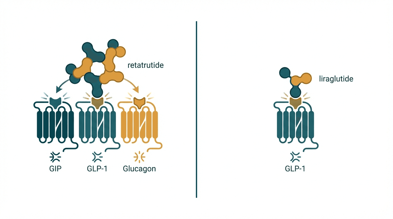 Side-by-side comparison diagram of Retatrutide and Liraglutide mechanisms of action