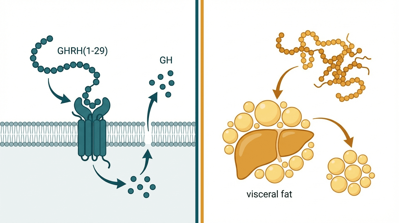 Side-by-side comparison diagram of Sermorelin and Tesamorelin mechanisms of action
