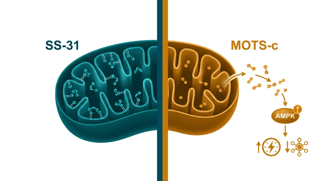 Side-by-side comparison diagram of SS-31 and MOTS-c mechanisms of action