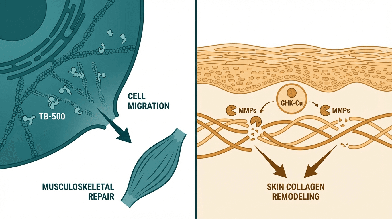 Side-by-side comparison diagram of TB-500 and GHK-Cu mechanisms of action