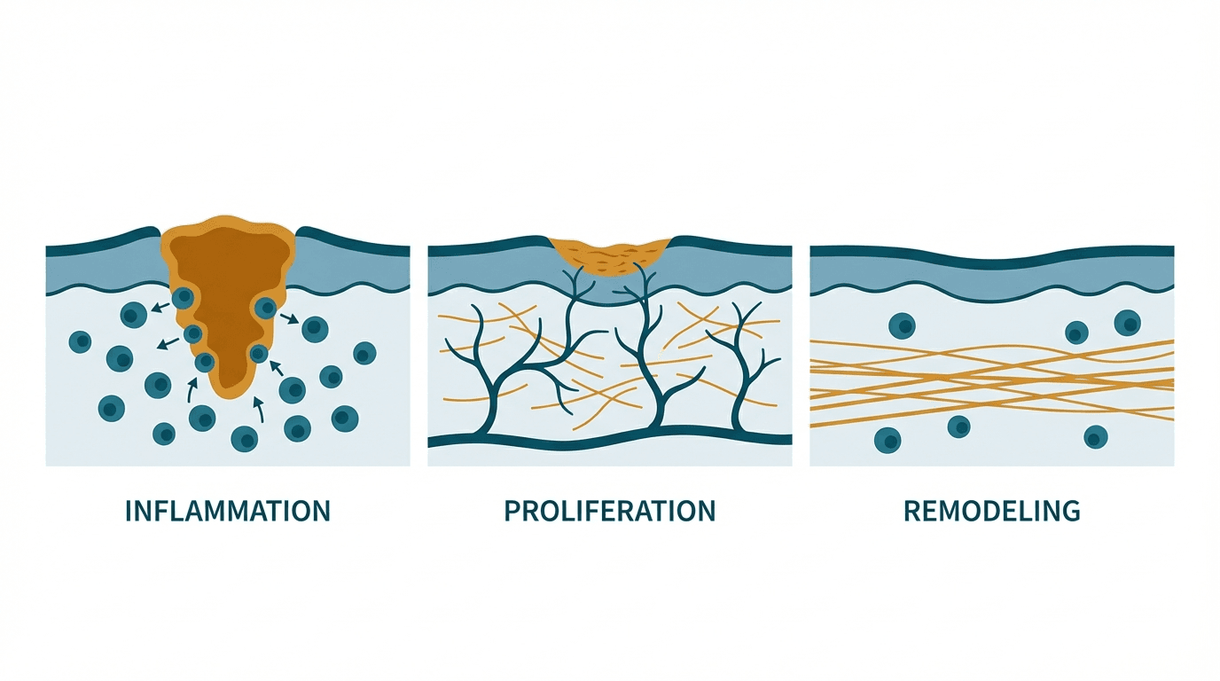 Scientific illustration representing healing & recovery and related peptide mechanisms