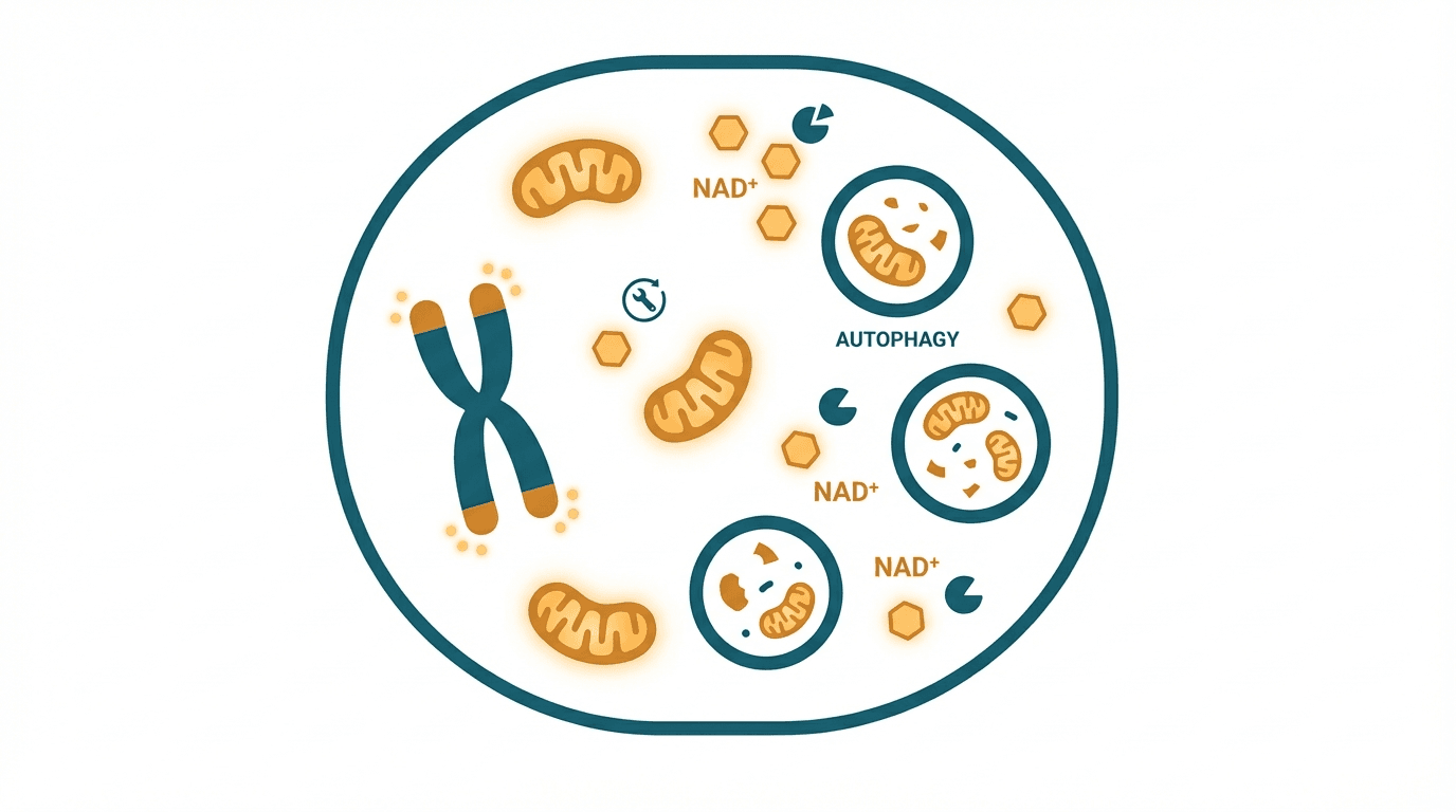 Scientific illustration representing longevity & cellular health and related peptide mechanisms