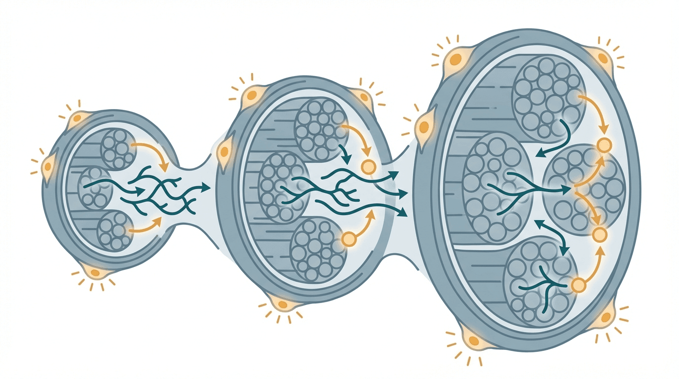 Scientific illustration representing muscle growth and related peptide mechanisms