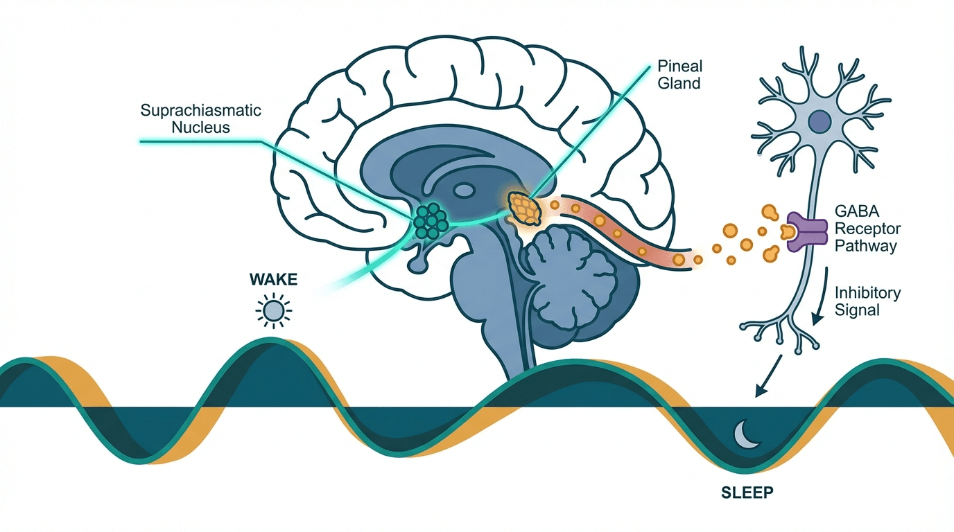 Scientific illustration representing sleep quality and related peptide mechanisms